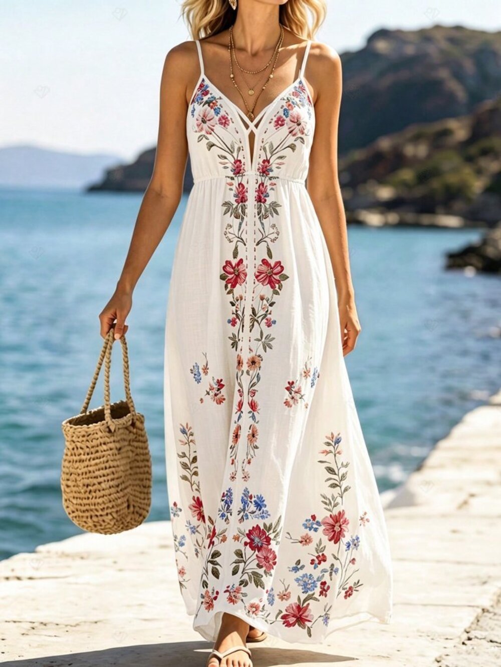 Apricot Boho Women's style Floral Print Spaghetti Strap High Waist Dress - Picture 3 of 6